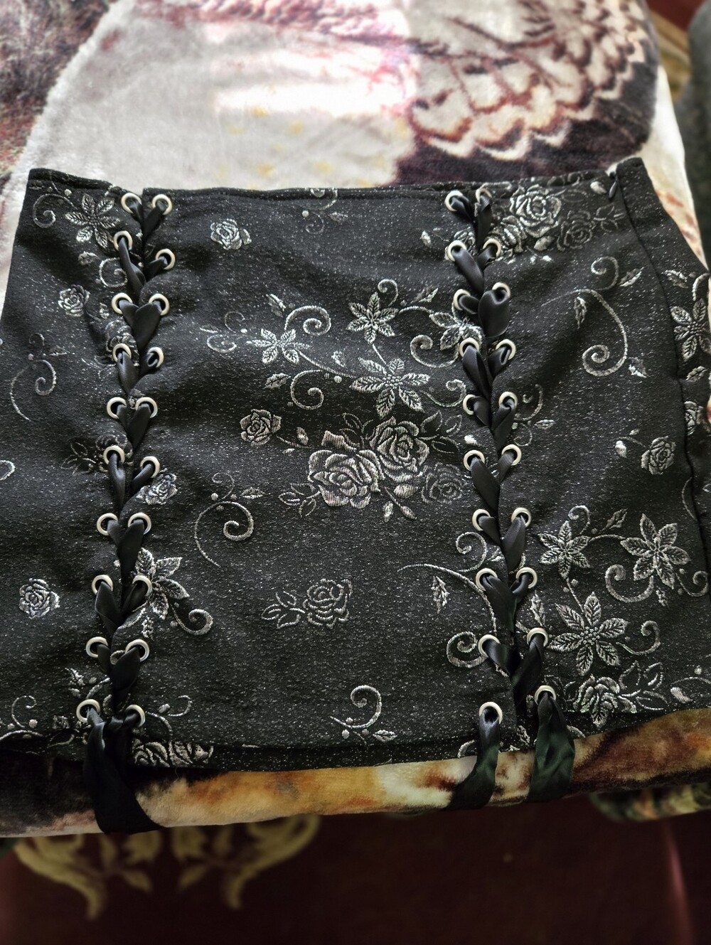 Black Floral Lace-Up Bustier Top